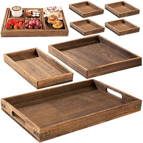 Amazon.com: Rustic Wooden Serving Trays with Handle - Set of 7 - Large, Medium, Small and Mini - Nesting Multipurpose Trays - for Breakfast, Coffee Table/Butler & More - Light & Sturdy Paulownia Wood : Home & Kitchen Wooden Trays, Breakfast Coffee, Wooden Serving Trays, Breakfast In Bed, Serving Trays, Serving Tray, Tray, Coffee Table, Coffee