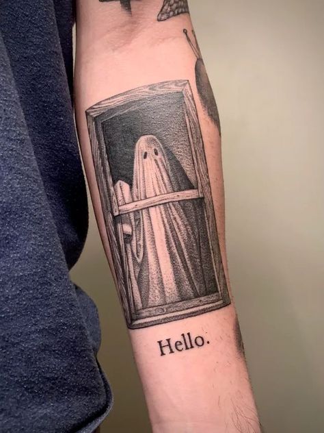 Ghost Holding Camera Tattoo, Midwest Gothic Tattoo, A Ghost Story Aesthetic, Two Ghosts Tattoo, Ghost Tattoo Ideas, Tattoo Ghost, Ghost Tattoos, Gotik Tattoo, Story Tattoo