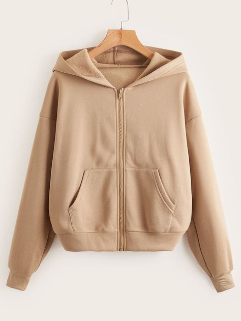 Solid Drop Shoulder Zipper Up Hoodie Zip Up Hoodie Aesthetic, Beige Hoodies, Drop Shoulder Hoodie, Women Sweatshirts, Lined Hoodie, Scenery Nature, Khaki Fashion, Athleisure Fashion, Hoodie Outfit