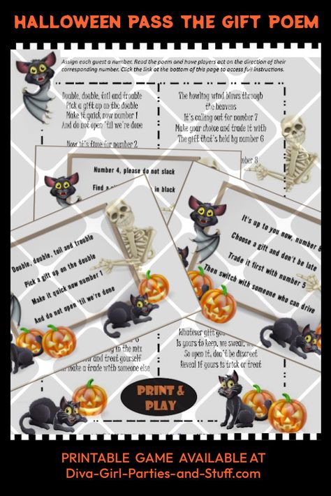 Halloween Pass the Gift Game Poem Pin Pass The Gift Game, Witches Night Out, Gift Card Games, Girl Parties, Gift Exchange Games, Ghost Games, Small Treats, Free Printable Games, Candy Games