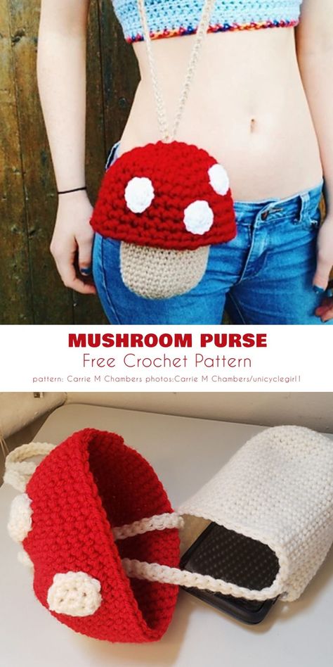 Nerdy Crochet Patterns Free, Mushroom Purse, Mushroom Patterns, Nerdy Crochet, Pola Macrame, Tas Mini, Whimsical Woodland, Crochet Mushroom, Scrap Yarn