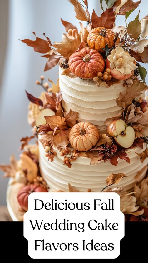 A beautifully decorated fall wedding cake featuring autumn colors and seasonal flavors like spiced apple, pumpkin, and caramel. Amaretto Wedding Cake, Pumpkin Spice Wedding Cake, Fall Engagement Cake, Big Cake Design, Autumnal Wedding Cake, Fall Wedding Cakes Rustic, Wedding Cake Fall Rustic, Fall Wedding Cake Flavors, Wedding Cakes For Fall