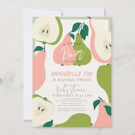 Sweet Pair Pink & Green Pear Twins Baby Shower Engagement Party Invitation Cards, Twin Baby Shower Theme, Couples Shower Invitation, Twins Baby Shower Invitations, Green Invitations, Couples Bridal Shower, Couple Wedding Shower, Twin Shower, Baby Event