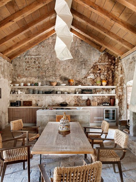 THE RENOVATION OF A 15TH CENTURY BUILDING IN CROATIA Old Stone Houses, Kitchen And Dining Room, Stone Walls, غرفة ملابس, Stone Houses, Stone House, Full House, Boho Home, Rustic Interiors