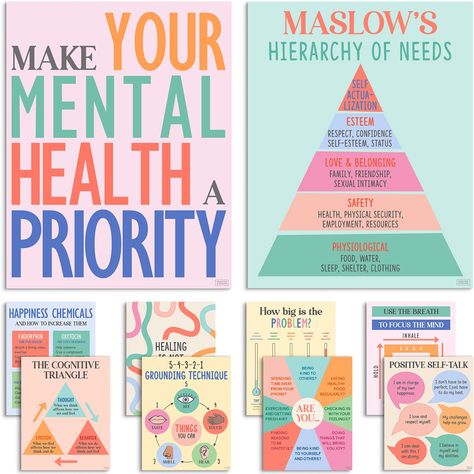 PRICES MAY VARY. EXUDE A CALMING PRESENCE — Create a positive atmosphere that nurtures growth and well-being with these mental health awareness posters for your classroom, workplace or therapist office decor. These mental health wall decor office posters serve as accessible and stylish visual aids that engage patients, clients, and students in their journey towards improved well-being AN EDUCATIONAL POWERHOUSE — This school counselor office decor includes a maslow hierarchy of needs poster and i Psychology Decor, Health Office Decor, Posters For Office, Health Awareness Poster, Social Worker Office Decor, Social Work Offices, School Counselor Office Decor, Counseling Office Decor, Classroom Motivation