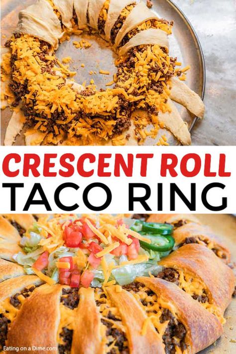 Taco crescent ring recipe is the perfect party food or dinner idea for a fun meal idea. Everyone loves this beef taco crescent ring and it is so easy. Taco crescent ring recipes are always a hit and this taco crescent ring easy recipe does not disappoint. Try Taco crescent ring pillsbury today. Serve taco crescent ring ground beef and toppings. #eatingonadime #tacocrescentringrecipe Pillsbury Taco Ring, Mexican Crescent Ring, Taco Ring With Crescent Rolls, Crescent Roll Ring Recipes, Taco Crescent Ring, Taco Ring Recipe, Crescent Roll Taco, Ring Recipes, Crescent Rings