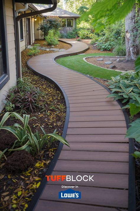 curved walkway deck through beautiful yard Deck Walkway Ideas, Trex Walkway Ideas, Tuffblock Deck, Curved Walkway, Deck Pathway, Deck Walkway, Deck Blocks, Ground Level Deck, Curved Deck