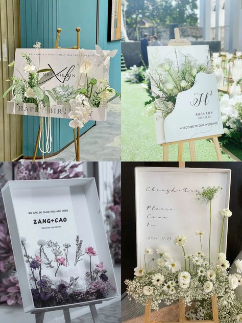 Lyneadaprix Wedding Board, Easel Decoration Ideas, Flower Box Sign, Bouquet Stand, Flower Diy Paper, Flower Display Stand, Flower Decoration Ideas, Paper Flower Diy, Romantic Bridal Shower