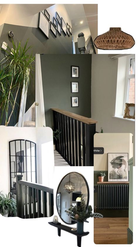 Sage Green And Black Hallway, Hallway And Landing Decor, Beige And Black Hallway Ideas, Small Hallway Colour Schemes, Neutral Hallway Ideas, Landing Ideas Upstairs, Hallway Paint Ideas, Hallway Colour Schemes, Blue Living Room Color