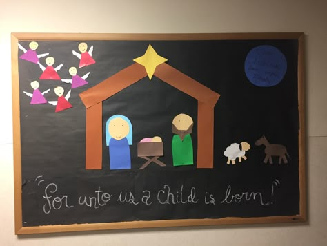 Nativity Scene Bulletin Board.  Christmas, nativity, bulletin board, Jesus, Christian, school School Christmas Bulletin Board Ideas, Christmas Bulletin Board Ideas Christian, Nativity Gingerbread, Christmas Bulletin Board Ideas, December Themes, Christmas Sunday School, Christmas Bulletin Boards, Christian Bulletin Boards, Classroom Christmas Decorations