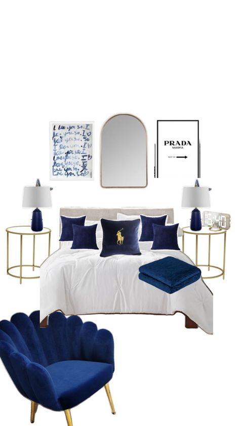 Navy Blue Carpet Bedroom, Clean Girl Room Aesthetic Navy Blue, Navy Bed Ideas, Navy Room Decor Bedroom, Navy Bedroom Aesthetic, Navy Room Aesthetic, Gold And Blue Bedroom, Bedroom Inspirations Navy, Dark Blue Room Ideas