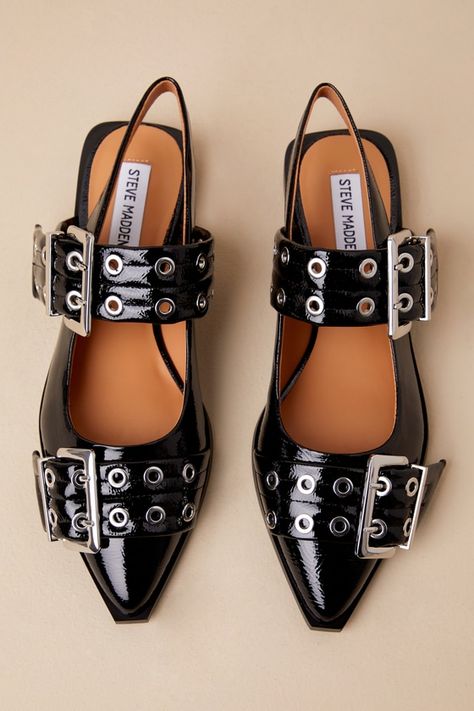 Graya Black Patent Studded Buckle Slingback Flats Black Buckle Heels, Stylish Work Attire With Sneakers, Steve Madden Flats Outfit, Studded Flats Outfit, Styling Flats, Stud Shoes, Black Shoes Outfit, Street Fashion Women, 2024 Shoes