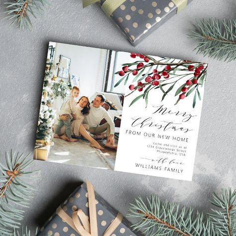 Merry Christmas from our New Home Photo Moving Announcement Postcard New Home Photo, Photo Arch, Moving Announcement Postcard, Typography Script, New House Announcement, Winter Berry, Winter Berries, Moving Announcement, Watercolor Winter