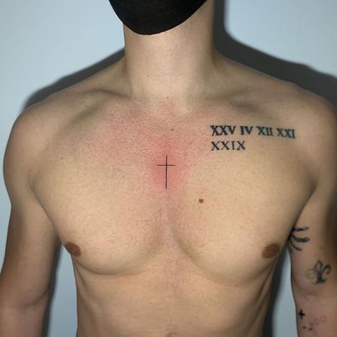 Cross In Middle Of Chest Tattoo, Chest Tattoo Men Ideas Cross, Tattoos For Men Chest Small, Best Places For Tattoos Men, Back Christian Tattoo, Tattoo Ideas For Men Meaningful Chest, Cross On Chest Tattoo Men, Christian Tattoos For Men Chest, Cross Tattoos For Men On Chest