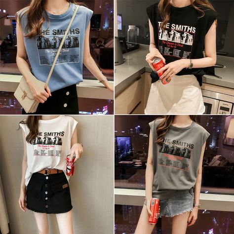 Sleeveless Tshirt Outfit, Sleeveless T Shirts Women, Sleeveless Shirt Women, Casual Korean Style, Oversize Outfit, Tshirt Outfit, Outfit Korean, Shirt Oversize, Clothes Casual