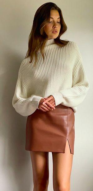 Skirt With Sweater Outfit Winter, Fall Outfits Women Leather Skirt, Tan Faux Leather Skirt Outfit, Mini Brown Leather Skirt Outfit, Leather Skirt Brown Outfit, Boots And Skirts Outfits Autumn, Autumn Outfits Brown Skirt, Knee High Taupe Boots Outfits, What To Wear With Brown Leather Skirt