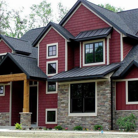 House Exterior Red Roof, Red House Exterior, Colour House, Grey Exterior House Colors, Red Roof House, Exterior House Siding, Gray House Exterior, Red Houses, Red Farmhouse