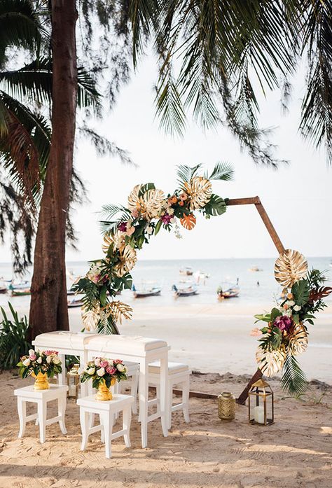 Weddings in Thailand | Wedding Boutique Phuket | Tropical Colorful Elopement Garden Arch Ideas, Wedding Backdrop Diy, Outdoor Wedding Backdrop, Colorful Elopement, Wedding Arch Decoration Ideas, Simple Wedding Arch, Arch Decoration Ideas, Wooden Wedding Arches, Outdoor Wedding Backdrops