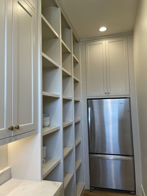 Scullery With Fridge, Fridge In Walk In Pantry, Narrow Scullery Ideas, Pantry Connected To Kitchen, Narrow Walk In Pantry With Freezer, Butler Pantry With Fridge, Pantry With Upright Freezer, Walk In Pantry With Freezer Inside, Secret Butlers Pantry