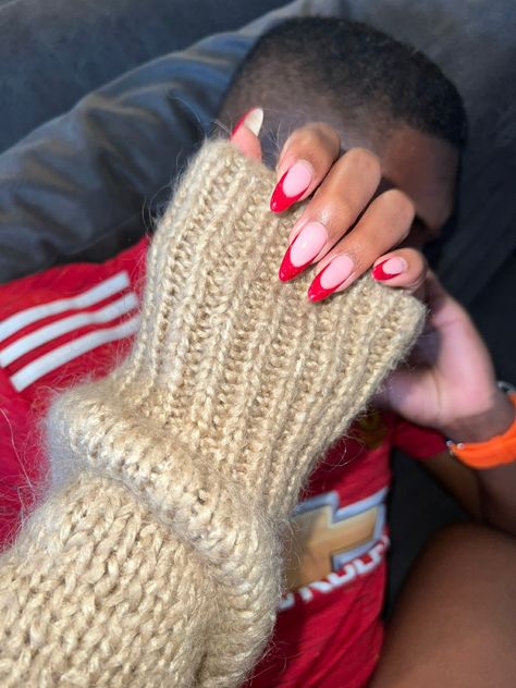 Pink Nails Red French Tip, Thick Red French Tip, Red Pink French Tip Nails, Pink Nail Red Tip, Red French Tip Nails With Rhinestones, Red Almond French Tip Nails, Red Almond Nails French Tip, Pink Nails With Red Tips, Pink And Red French Tip Nails