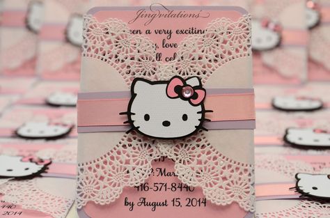 doily hello kitty invitations Hello Kitty Wedding Invitation, Hello Kitty Birthday Decorations, Hello Kitty Baby Shower, Aaliyah Birthday, Paris Invitations, Hello Kitty Wedding, Hello Kitty Invitations, Kitty Birthday Party, Tea Club