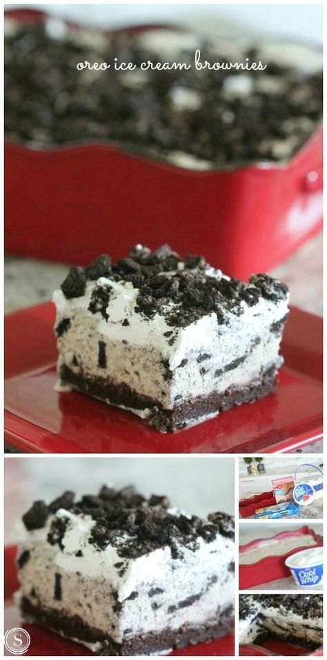 Oreo Ice Cream Brownies Dessert Recipe! Easy frozen dessert for parties, birthdays, holidays, and celebrations! Freezer Desserts Recipes, Ice Cream Brownie, Brownie Oreo, Oreo Brownie, Weight Watcher Desserts, Oreo Ice Cream, Brownie Ice Cream, Ice Cream Dessert, Ice Cream Cookie Sandwich