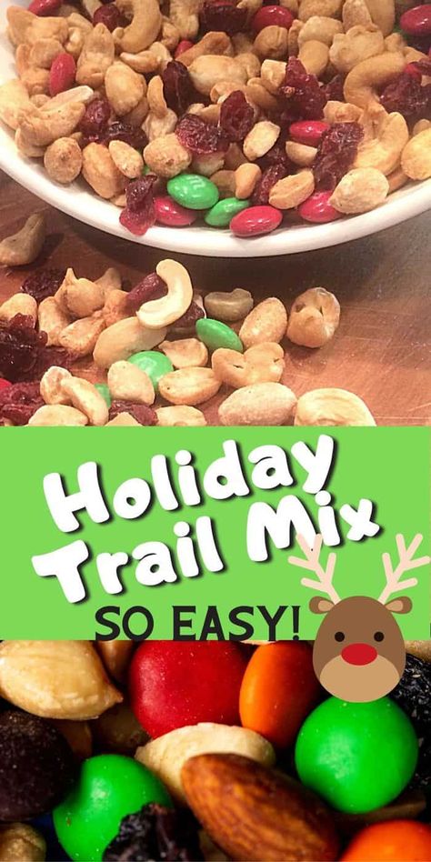 An easy holiday snack recipe - perfect for gift giving or for parties. Holiday trail mix is always a hit. Christmas Trail Mix, Easy Holiday Snacks, Christmas Snack Mix, Trail Mix Snack, Easy Snack Mix, Chocolate Trail Mix, Trail Mix Recipe, Holiday Snack, Trail Mix Recipes