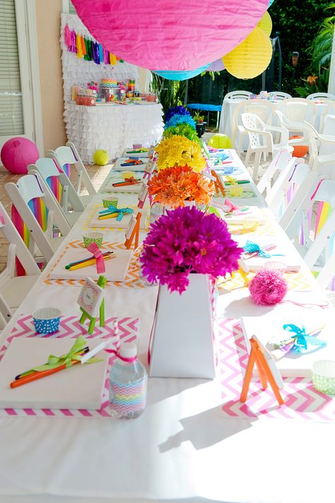 chevron rainbow art party: rainbow daisy centerpieces...using the food coloring in water trick? {Anders Ruff} Rainbow Parties, Painting Birthday, Birthday Party Crafts, Art Birthday Party, Rainbow Birthday Party, Festa Party, Art Birthday, Rainbow Birthday, Rainbow Art