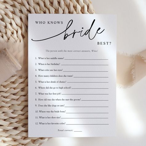 Who Knows the Bride Best? Bridal shower game card featuring a minimalistic design. Customize with your questions if desired. Who Knows Bride Best, Diy Bridal Shower Games, Bridal Shower Games Prizes, Morganite Bridal Set, Who Knows The Bride Best, Morganite Engagement Ring Set, Bridal Shower Planning, Unique Engagement Ring Settings, Elegant Bridal Shower