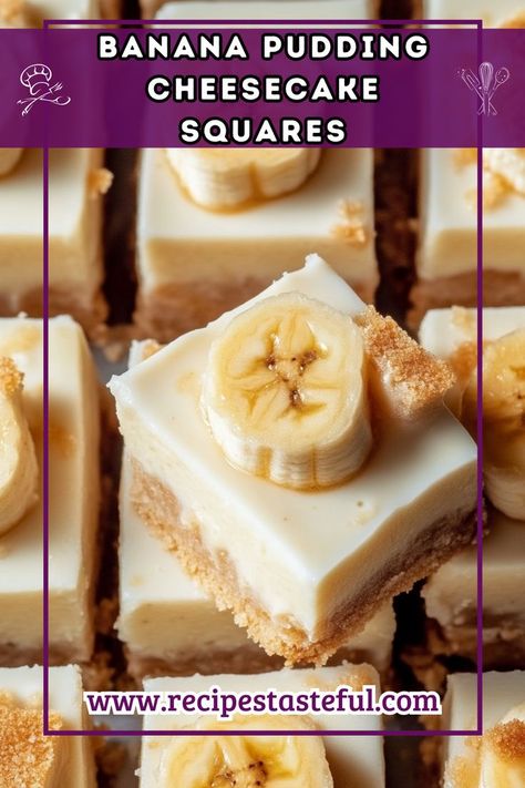 These delightful Banana Pudding Cheesecake Squares combine the creamy richness of cheesecake with the classic flavors of banana pudding. Perfect for gatherings or a sweet treat at home! Banana Pudding Delight, Banana Pudding Delight Recipe, Banana Cheesecake Delight, Banana Squares, Banana Pudding Cheesecake Squares, Classic Banana Pudding, Cheesecake Squares, Pudding Cheesecake, Banana Dessert Recipes