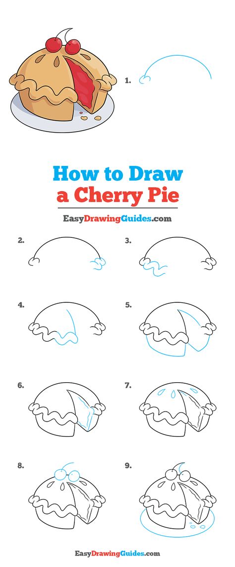 How to Draw a Cherry Pie - Really Easy Drawing Tutorial Pie Doodle Drawing, How To Draw Desserts Step By Step, Cartoon Pie Drawing, How To Draw A Croissant Step By Step, How To Draw A Pie, How To Draw A Cherry, Pie Drawing Cute, Cherry Pie Drawing, How To Draw Candy