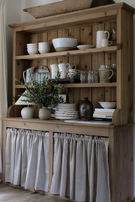 DIY Counter Curtain on Our Dining Hutch Diy Hutch Build, 1910 Farmhouse, Microwave Table, Butlers Pantries, Diy Hutch, Hutch Styling, Diy Counter, Door Shades, Dining Hutch