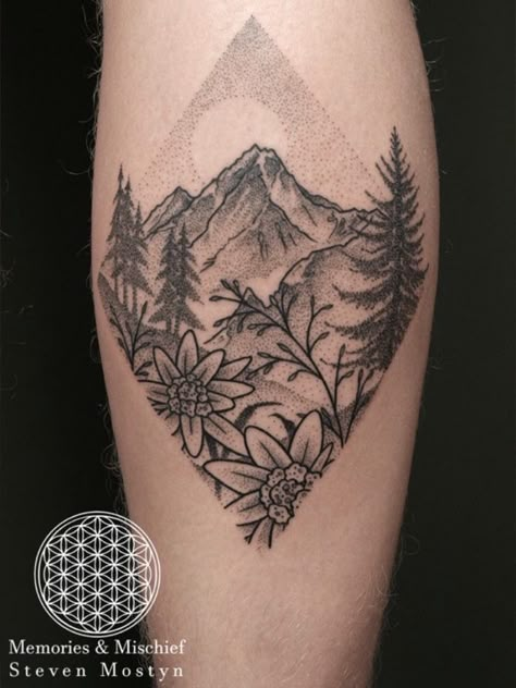 Mountain With Clouds Tattoo, Mountain Filler Tattoo, Mountain Leg Tattoos Women, Breckenridge Mountain Tattoo, Female Mountain Tattoo, Tennessee Mountain Tattoo, Austria Tattoo Ideas, Mountain Wildflower Tattoo, Floral Mountain Tattoo