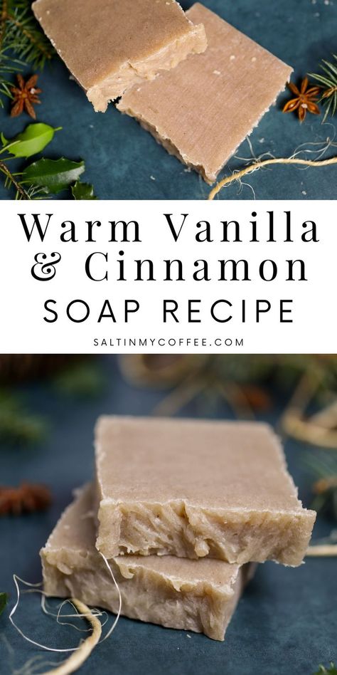 Vanilla Cinnamon Hot Process Soap Recipe (Warm Sugar Cookie scent!) - Salt in my Coffee Best Soap Scents, Chai Soap Recipe, Winter Soap Scents, Hot Process Tallow Soap Recipes, Homemade Christmas Soap Recipes, Hot Press Soap Recipe, Hot Process Soap Recipes Crock Pots, Cold Pressed Soap Recipes, Hot Process Soap Recipes