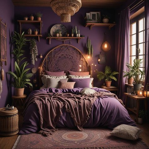 Purple And Brown Bedroom Ideas, Purple Boho Living Room, Purple Fairy Bedroom, Deep Plum Bedroom, Dark Purple Room Decor, Small Bedroom Ideas Purple, Purple Room Makeover, Purple And Green Interior Design, Plum Room Ideas