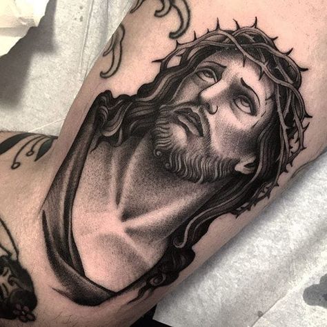 Jesus Tattoo On Arm, Religous Tattoo, Cholo Tattoo, Holy Tattoos, Jesus Tattoos, Christus Tattoo, Jesus Christ Tattoo, Jesus Tattoo Design, Christian Tattoo