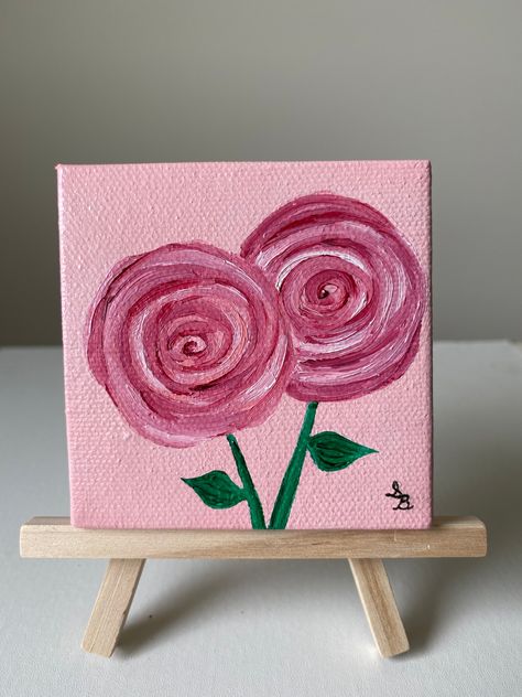 "\"Tourmaline Bloom\" Original oil painting on 3x3 inch canvas.  This painting comes with a mini easel which lets you display it on a desk, table, windowsill, or wherever you choose to place it! Shipping is free!" Mini Canvas Oil Painting, Mini Canvas Aesthetic, Mini Canvas Drawing, Canvas Drawings Aesthetic, Mini Canvas Ideas, Mini Canvas Painting Ideas, Mini Tela, Diy Canvas Art Easy, Cute Easy Paintings