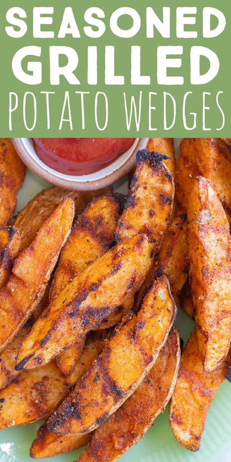 These Seasoned Grilled Potato Wedges are the perfect summer side dish to enjoy with all your favorite grilled foods! These potato wedges are great because they're made using just the microwave and grill, so you won't heat up your house when making this delicious fries! #potatowedges #grilledpotatoes #summersidedish #veganrecipe Potato Wedges On The Grill, Potato Wedges Grilled, Grilled Potatoes On The Grill, Grill Potatoes, Grill Sides, Grilled Sides, Grilled Sweet Potato Fries, Grilled Potato Recipes, Grilled Potato Wedges