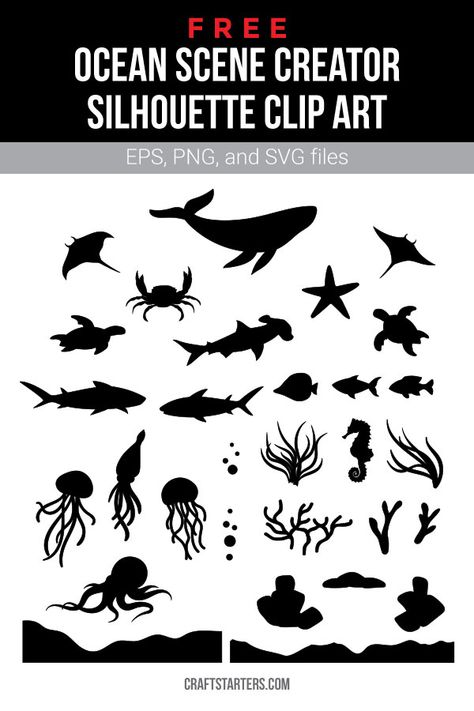 Ocean Silhouette Art, Ocean Silhouette Painting, Under The Sea Silhouette Art, Ocean Animal Silhouette, Sea Creature Silhouettes, Ocean Svg Free, Sea Life Silhouette, Underwater Silhouette, Squid Silhouette