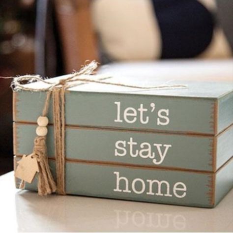 Let's Stay Home Wooden Book Stack Stack Displays, Artsy Projects, Floral Candle Rings, Wreath Stand, Let's Stay Home, Faux Books, Lighted Branches, Block Painting, Bazaar Ideas