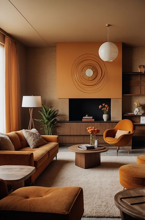 Modern 70s Living Room Ideas 70s Lounge Aesthetic, 1970s Furniture Living Rooms, Retro Minimalist Living Room, 70s Entryway, Mid Century Living Room 1950s, 70s Modern Interior Design, Retro Living Room 1970s, Vibey Decor, 70s House Aesthetic