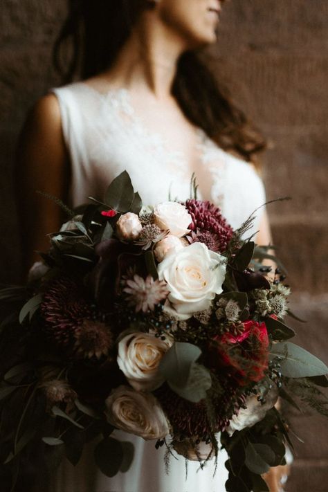 Beautiful bridal wedding bouquet with deep reds, purples & berry tones. Rustic Bouquet, Moody Wedding, September Wedding, Floral Arch, Ideal Wedding, Seattle Wedding, Wedding Fashion, Day Wedding, Industrial Wedding