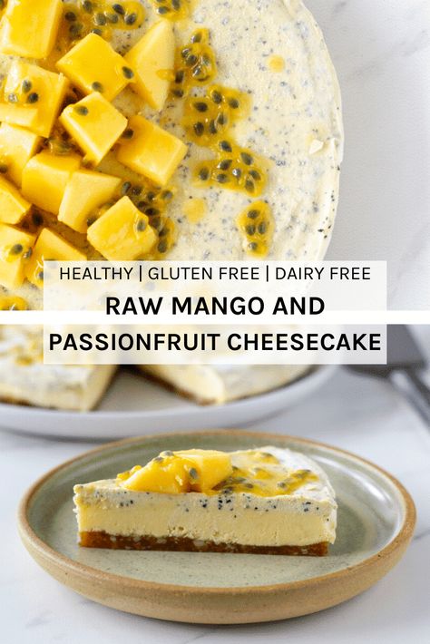 Mango and Passionfruit Cheesecake Mango And Passionfruit, Raw Vegan Cheesecake, Passionfruit Cheesecake, Mango Passionfruit, Raw Cheesecake, Healthy Cheesecake, Raw Vegan Desserts, Raw Cake, Raw Mango