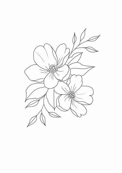 Easy Flower Tattoo Designs, Flower Line Drawings Tattoo, Simple Flowers Tattoo Design, Flowers Outline Design, Simple Floral Line Art, Floral Tattoo Stencil Outline, Simple Flower Tattoo Stencil, Simple Flower Line Drawing, Flower Tattoos Line Art