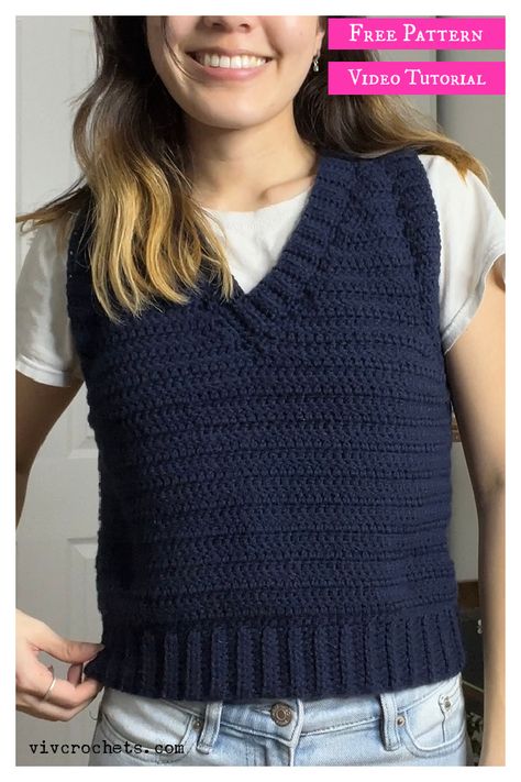 5 V-Neck Sweater Vest Free Crochet Pattern Tunisian Crochet Vest Pattern Free, Free Crochet Video Tutorials, Easy Crochet Vest Pattern Free For Women, Sweater Vest Free Pattern, Sweater Vest Crochet Pattern Free, Free Crochet Vest Pattern, Vest Crochet Pattern Free, Top Down Crochet Sweater Pattern Free, Crochet Sweater Vest Pattern Free