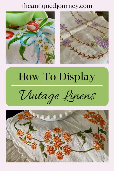 a collection of vintage linens displayed throughout the home Old Hankies Ideas, Repurpose Embroidered Linens, Vintage Linen Projects, Displaying Vintage Linens Ideas, How To Display Vintage Hankies, Display Vintage Linens, Upcycle Embroidery Vintage Linen, Display Vintage Handkerchiefs, Vintage Kitchen Linens