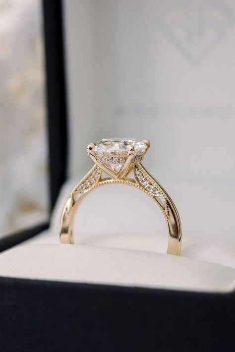 Make it your own. Every Ada Diamonds engagement ring is bespoke, and made-to-order. Customize any of our setting styles however you’d like with elements uniquely your own. 

This custom 2.8ctw Oval Cathedral Solitaire features a 2.7ct oval lab diamond with a hidden halo, side cut-outs, and milgrain detailing in 14k yellow gold. Solitaire With Hidden Halo, Cathedral Setting Engagement Ring, Gold Oval Engagement Ring, Pretty Engagement Rings, Cathedral Engagement Rings, Diamonds Engagement Ring, Cute Engagement Rings, Future Engagement Rings, Round Engagement Rings