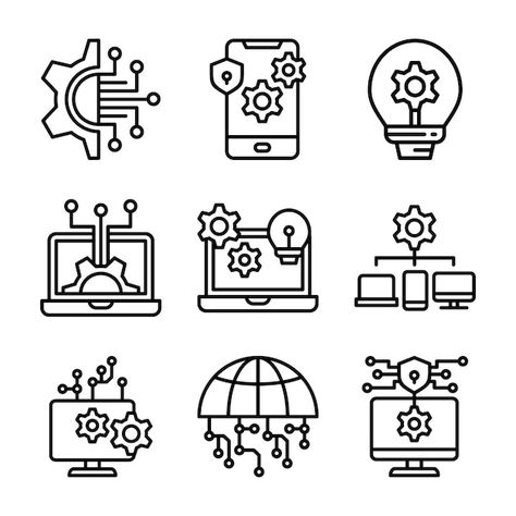 Vector technology icon set black outline... | Premium Vector #Freepik #vector #connection #technology #digital #network Logo For Technology Company, Technology Doodle, Digital Technology Design, Tech Icons, Posture Drawing, Tech Drawing, Digital Icon, Network Logo, Technology Vector