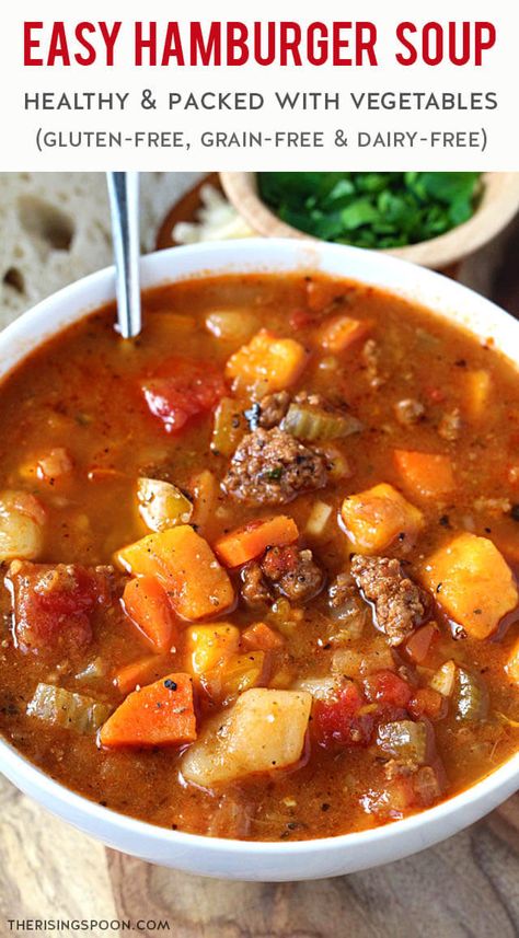 Easy Hamburger Soup, Tomato Beef, Hamburger Vegetable Soup, Cozy Soup, Healthy Budget, Beef Soup Recipes, Soup With Ground Beef, Carrots Celery, Hamburger Soup