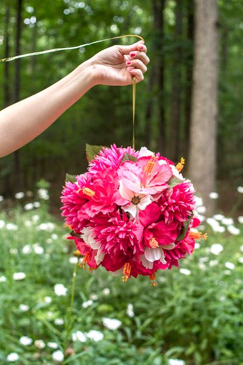 Faux Flowers Diy, Diy Flower Ball, Bohemian Bridal Shower, Flower Balls, Bohemian Baby Shower, Thrifty Diy, Hanging Flower, Flower Ball, Hanging Flowers